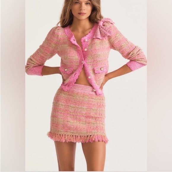 RARE 🎀 LoveShackFancy Crop Cardigan Jacket + Skirt Set in Barbie Pink - Picture 3 of 13